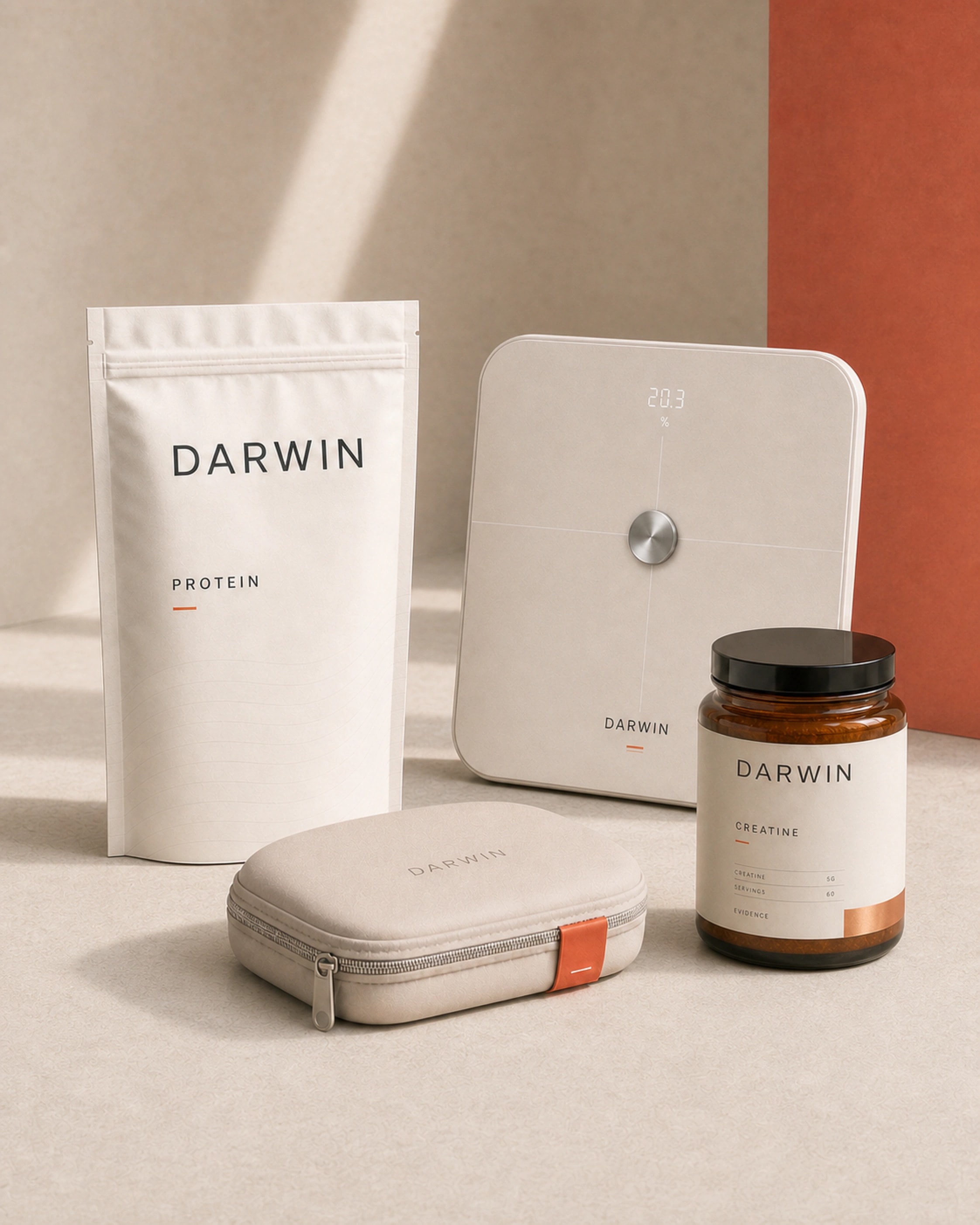 Darwin protein, creatine, smart scale, and daily case concepts