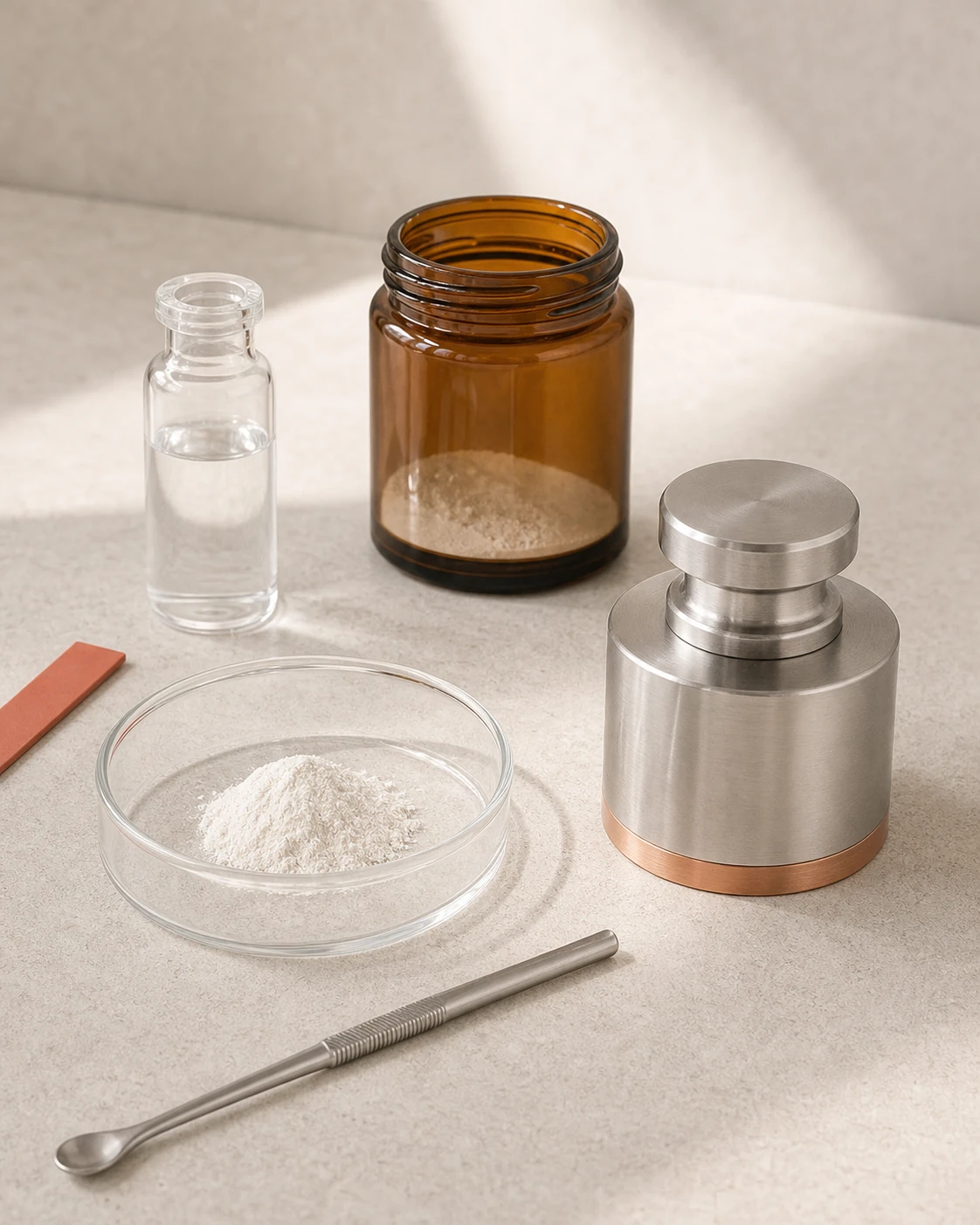 Amber sample jar, supplement powder, clear vial, and precision-machined calibration weight